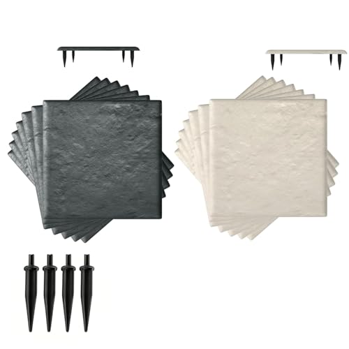 LIFEZEAL Dalles de Jardin 39,5x39,5 cm, Lot de 16 Dalles avec Piquets de Fixation au Sol, Pierres Décoratives pour Allée de Jardin, Chemin Extérieur, Revêtement de Sol (Beige+Gris)