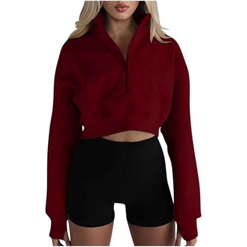Half Zip Pullover Women Cropped Solid Casual Sweatshirt Y2k Long Sleeve Thumb Hole Hoodies Teen Girls Going out Tops