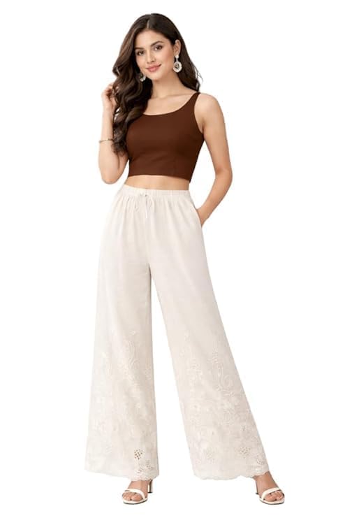 nexteraa Women's Pure Cotton Palazzo Pants with Chikankari Embroidery | Comfortable Wide Leg Ethnic Bottom Wear | Elastic Waist Palazzo for Girl's | Breathable Summer Casual-picture-36