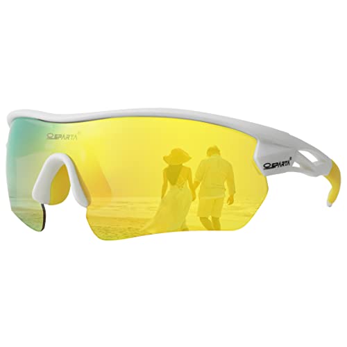 OUTDOORSPARTA Sports Sunglasses(5. White Frame, Full Lens Mirrored Gold), M-L