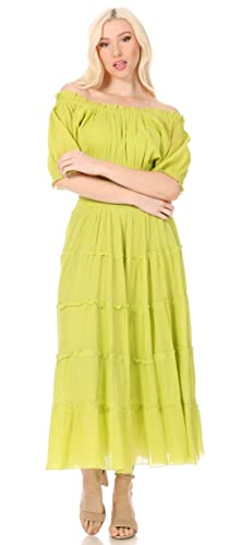 Image of Sakkas Cotton Crepe Smocked Peasant Gypsy Boho Renaissance Mid Length Dress