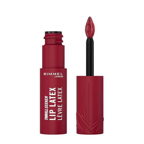 Rimmel London, Thrill Seeker Lip Latex, Rossetto liquido, Lucidalabbra, Colore labbra, Rossetto con acido ialuronico, Tinta labbra, Morbidezza e lucentezza, Vitamina E, Aloe Vera, 6 ml, 450 Majesty