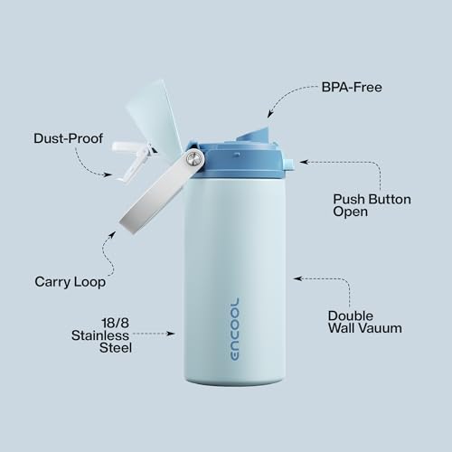 Image of Insulated Water Bottle with Straw - Encool Stainless Steel Water Bottle with Push Button Lid, Leak-Proof & BPA-Free, Keeps Cold for 24 Hours for Sports, Travel, Gym (18 oz, Jungle Mist)