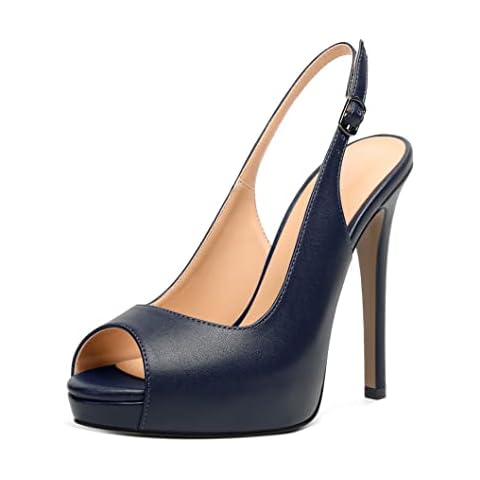 YODEKS Women's Peep Toe High Heel Slingback Pumps Platform Stiletto Heel Party Dress Shoes Matte Navy US Size 8 Cover