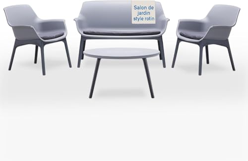 Tomaino - Salon de jardin extérieur de style rotin - Ensemble de salon d'extérieur en polypropylène imperméable et hydrofuge - Salon de jardin blanc et gris