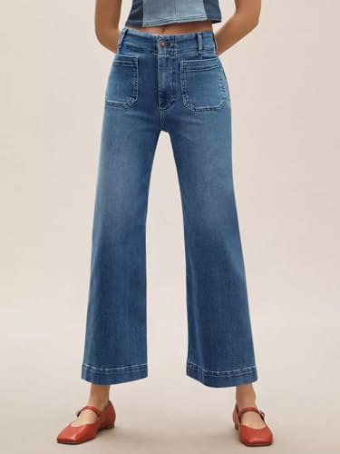 Tankaneo Wide Leg Jeans for Women Trendy High Waisted Flare Stretchy Jeans Cropped Baggy Denim Pants with Front Patch Pockets2