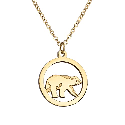 Lauren-Spencer Animal Necklace for Women Silver Gold Plated Wildlife Nature Animal Pendant Circle Necklace Bear Moose Deer Elk Necklace Nature Jewelry Lover Gifts for Women Men (Gold Plated-Bear)