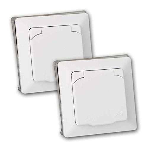 MILOS Steckdose weiß im 2er Set, IP44, Steckdosen mit Klappdeckel und Rahmen, Unterputz