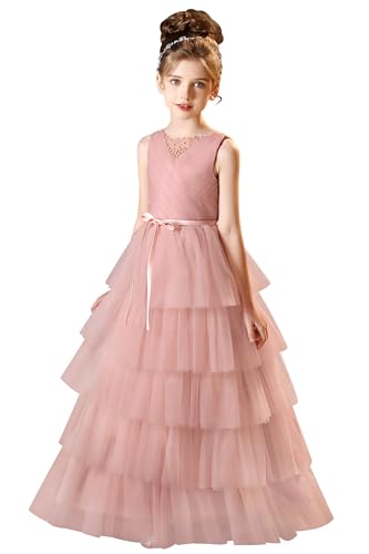 Layered Tulle Flower Girl Dress for Wedding Girls Pageant Dresses with Beads Long First Communion Dress with Belt