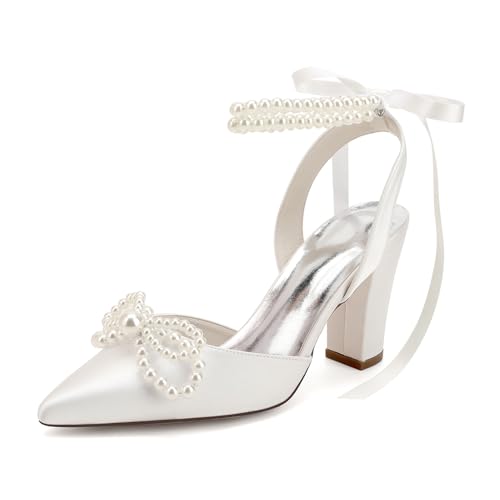 Pearl High Block Heels Wedding Shoes for Bride with Bow Satin Bridal Shoes Women Chunky Slingback Heels Sandals Pumps