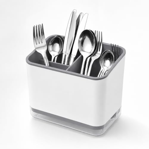 Image of Kitchen Utensil Holder with Drain Tray | Self Draining Countertop Organizer, 3 Compartment Cutlery Caddy | Detachable Water Collection Base for Spoons Forks Knives Cooking Tools (Grey)