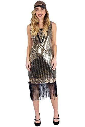 Ro Rox Coco 1920s Flapper Dress for Women, Great Gatsby Vintage Dress for Cocktail Parties, Art Deco, Prom, Sexy Sequined Fringe Dress for Adults and Teens, Black & Gold, 42