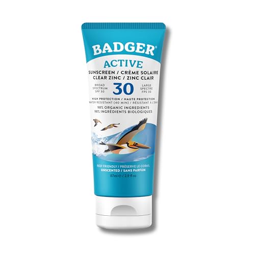 Badger Active Mineral Sunscreen Cream SPF 30 | Broad Spectrum UVA & UVB Protection | Gentle Water Resistant Sun Cream for All Ages | Beach & Outdoor Use (87ml)