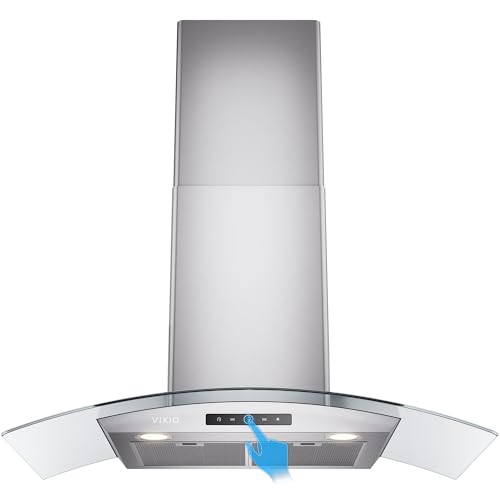 Image of VIKIO HOME 36 Inch Wall Mount Range Hood, 450 CFM Dual Inlet, Curved Glass Kitchen Vent Hood, Ducted /Ductless Convertible, 3-Speed Touch Control, LED Lights, Stainless Steel