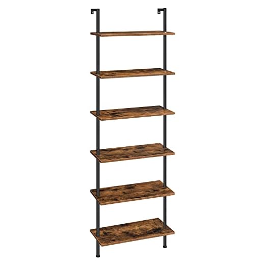 HOOBRO DIY Ladder Shelf, 6-Tier Wall Mounted Bookshelf, Office Vertical Bookcase, Wooden Storage Shelves for Home Office, Bedroom, Rustic Brown and Black BF65CJ01