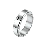 TIEHOKTW Alianza de compromiso y boda grabada personalizada, acero inoxidable, plata, negro, oro, oro rosa, 6 mm, cruz, aniversario, compromiso, anillos giratorios para hombre, X 1/2, Metal, Sin
