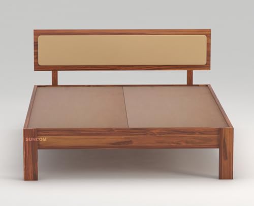 Image of SUNCOM Wooden Queen Size Bed for Bedroom | Wooden Double Bed | Platform Cot Bed with Upholstered Cushioned Headboard | 6.5 x 5 Ft | Sheesham Solid Wood, Honey Finish