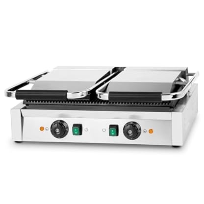 VERTES Kontaktgrill doppelt, Gusseisen Grillplatte, 3200 W Gastro Multigrill für Fladenbrot, Fleisch, Gemüse, Sandwich, Edelstahlgehäuse, regelbar 0-300°C, teflonbeschichtet, Professionell