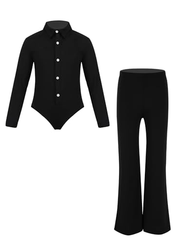RUNQHUI - RUNQHUI Enfant Garçon Ensemble Justaucorps Danse Latine Samba Rumba Pantalon Evasé Tenue Patinage Artistique Gymnastique Noir 8 ans