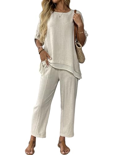 zsangbee Women's 2 Piece Linen Sets Summer Two Piece...
