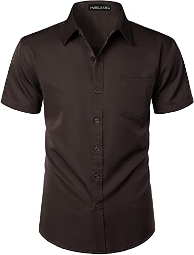 PARKLEES Mens Casual Urban Stylish Slim Fit Short Sleeve Button Up Dress Shirt with Pocket Brown L
