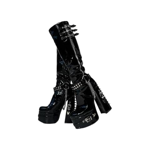 Frankie Hsu Goth Sexy Chunky Platform Knee High Heeled Boots, Black Patent Silver Chain Rivets Ring Buckle Gothic, Punk Y2K Hot Girl Big Large Size Wide Calf Shoes For Women Men Cover