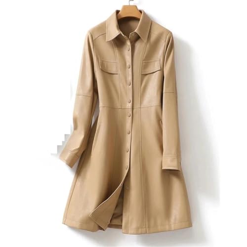 Midi Length Leather Trench Coat For Women Long Sleeve Covered Button Sheepskin Leather Outwear2