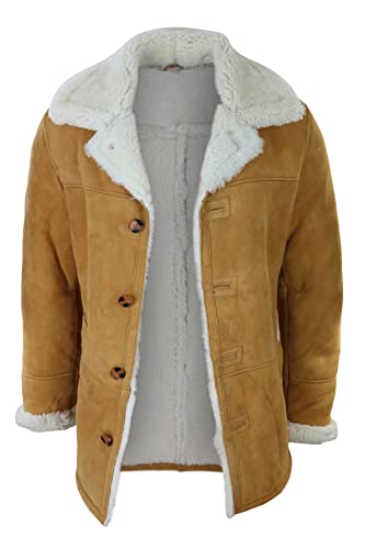 TruClothing Mens 3/4 Genuine Sheepskin Coat Classic Tan Brown Camel Jacket Cream Fur2