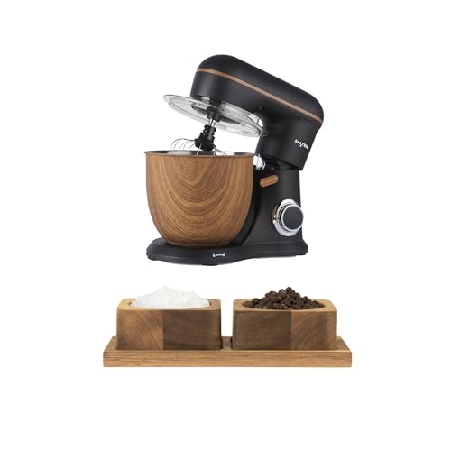Salter Toronto Stand Mixer & Pinch Pots – 1300W Electric Food Mixer with 5L Stainless Steel Bowl, 10 Speeds & Pulse Function, Acacia Wood Salt Pig with Tray for Salt & Pepper, Black/Wooden Accents
