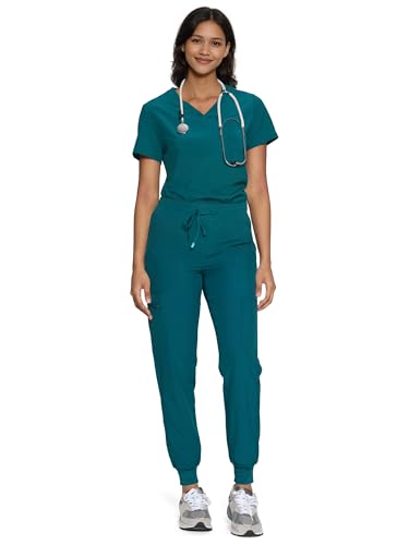 floralhue Scrubs for Women Womens Medical Scrub Sets V-Neck Scrubs Top & Cargo Pants with 12 Pockets Caribbean Blue M
