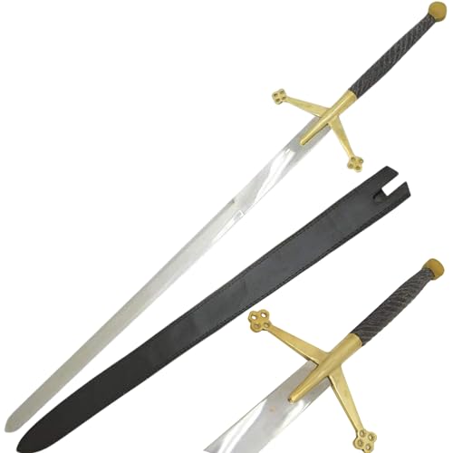 Medieval Warrior Fantasy Claymore Real Sword with Black Leather Sheath (Black)