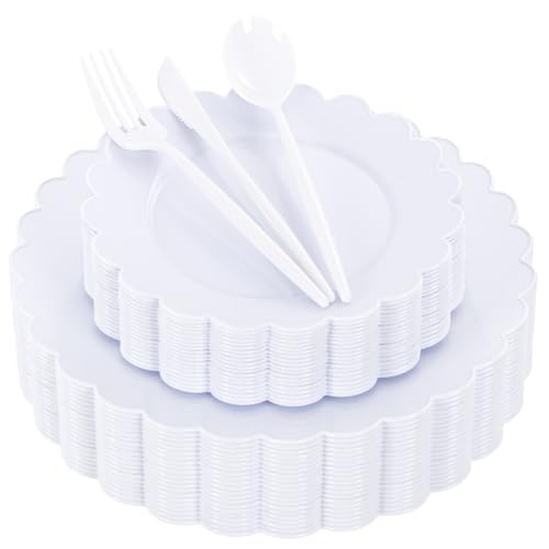 WONDERFUL 150 Pcs White Plastic Plates Disposable Heavy Duty Holiday Disposable Plastic Plates for Party Wedding Include 60 Pcs Plate Set 90 Pcs Cutlery Set Wedding Decor Holiday Mothers Day
