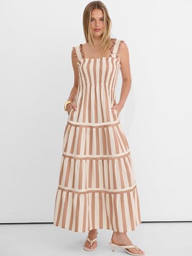 Image of Caracilia Womens Summer Maxi Dresses Floral Smocked Sleeveless Ruffle Boho Casual Flowy Aline Beach Vacation Long Sundress