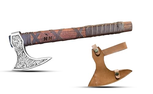 NovaHaven Hacha decorativa hecha a mano, hoja de acero al carbono con mango de ceniza y cuero, varios diseños, incluye funda protectora, 4 variantes (hoja tallada)