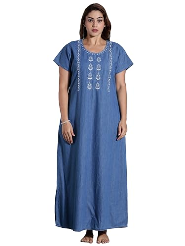 Image of 9shines Label Stylish Denim Cotton Nighty Maxi for Women | Full Length Trendy Nightgown | Premium Nightdress | Nightwear | Embroidery Nighty with Pocket (9SDS)