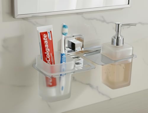 Image of Stainless Steel Toothbrush Holder with Glass Tumbler & Liquid Soap Dispenser Set - Wall Mounted 2-in-1 Bathroom Organizer, Chrome Finish (Square /Frosted Glass)