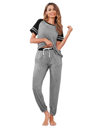 Image of Ekouaer Lounge Sets for Women Two Piece Pajama Set Short Sleeve Crewneck Jogger Outfits and Sweatpants Tracksuit