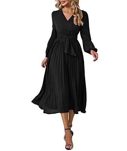 Damen Plissee Midi Kleid Langarm V-Ausschnitt Gürtel Weihnachten Krawatte Taille Lace Up A-Linie Chiffon Wrap Kleid BL-L