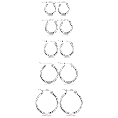 ADRAMATA 5 Pairs Small Hoop Earrings for Women Mens Stainless Steel Earrings Hypoallergenic Silver Tone Hoops Set 10/12/15/20/25mm Cover