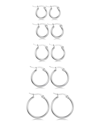 Adramata 5 Pares Acero Inoxidable Pendientes Aro Mujer Hombre Diámetro 10/12/15/20/25mm Conjunto de Aros Pendientes Plata Mujer Hombre