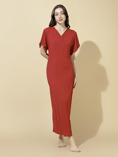 Image of 9shines Label Stylish Soft Modal Maxi Nighty | Honeymoon Nighty | Full Length Trendy Nightgown | V-Neck Lace | Premium Nightdress | Soft Long Nightdress | Maxi Gown Nightwear for Women (Malai Satin)