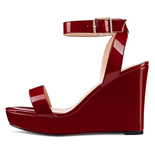 Image of Aachcol Women Platform Wedge Sandals Round Peep Open Toe Ankle Strap Slingback Two-Piece Chunky Block High Heel Dress Shoes Pumps Party Patent 4 Inch