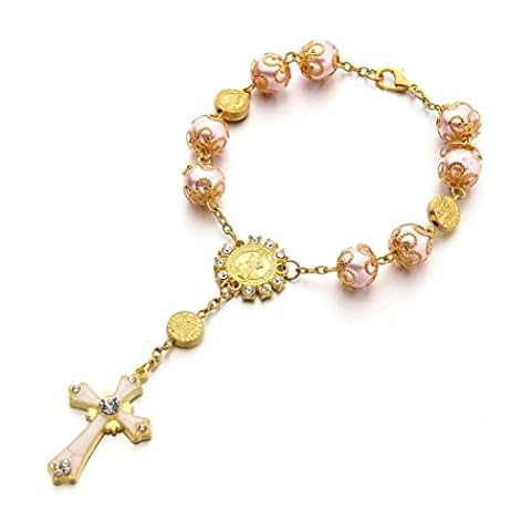 Pink Gold Rosary Beads Bracelet Medal Catholic Cross Religious Prayer Chaplet Handmade Communion Confirmation Car Pocket Cover