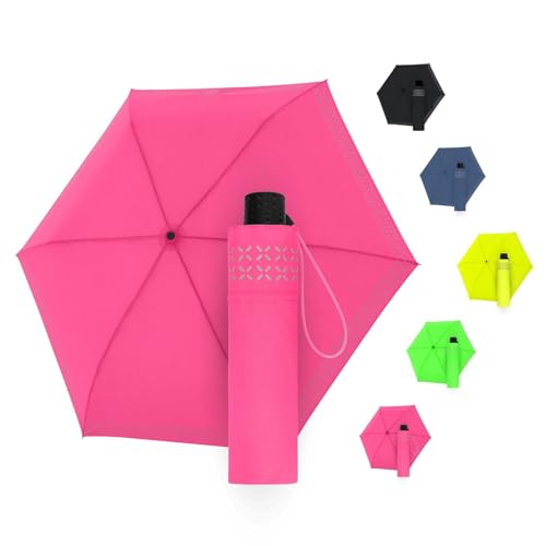 Doppler Regenschirm Safety Reflect in neon pink I Regenschirm mit reflektierendem Rand & Handöffner I Mini Schirm mit passender Schirmtasche I Kinderschirm reflektierend