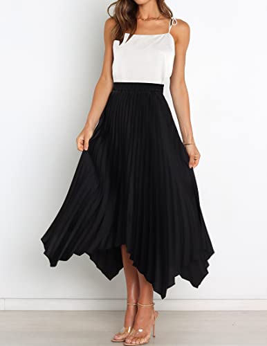 Zesica Women's Satin Midi Skirt Casual Elastic High Waist Pleated A Line Asymmetrical Irregular Hem Cocktail Party Skirts,Darkblack,Small #TOP3