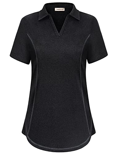 Yakestyle Plus Size Golf Workout Shirts For Women Yoga Casual Athletic Tennis Hiking Running Gym Loose Fitting Black Tops Apparel #1 Black 3X-Large #TOP6