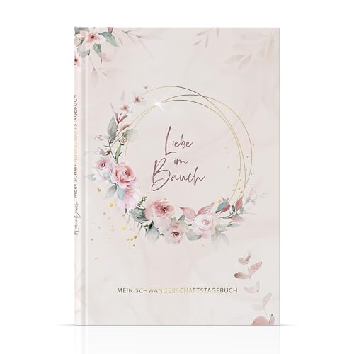 MeinBaby123® Schwangerschaftstagebuch hochwertig vergoldet, Schwanger Geschenk, Geschenk, Schwangerschaft Tagebuch (rosa flower)