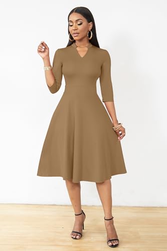 Image of Nmoder Casual Dresses for Women Semi Formal Fit and Flare 3 /4 Sleeve A-line Church Work Dress with Pockets