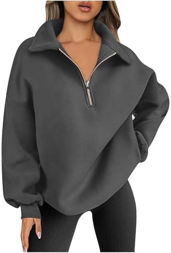 Women Pullover Casual Half Zip Oversized Sweatshirt Long Sleeve Solid Color Hoodie Drop Shoulder Fall Fashion Warm