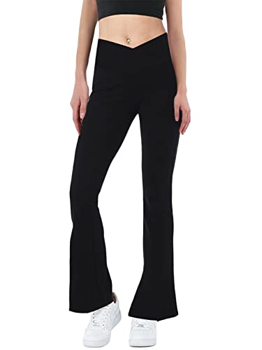 Sheadore Womens Crossover Casual Stretchy Cute Bootleg Yoga Flare Leggings Full Length Workout Elegant Smooth Pants (Small, Black) #TOP22